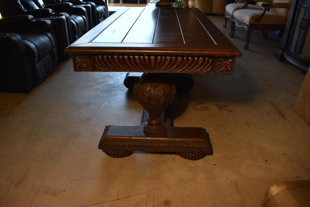 Magnificent Contemporary Oak Trestle Table with Acanthus Leaf Pedestals, Ribbed Bun Feet