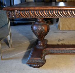 Magnificent Contemporary Oak Trestle Table with Acanthus Leaf Pedestals, Ribbed Bun Feet