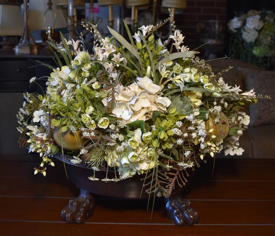 Stunning (Large) Fruit & Floral Arrangement in Bronzed Finish Paw Footed Metal Jardiniere