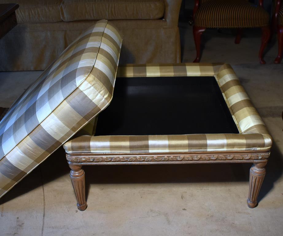 Large Contemporary Plaid Upholstered Ottoman with Reeded Legs