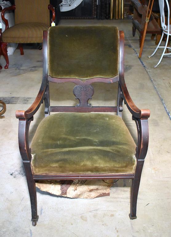 Antique Armchair with Caster Front Feet, Old Upholstery, Lots 21 & 22 Match