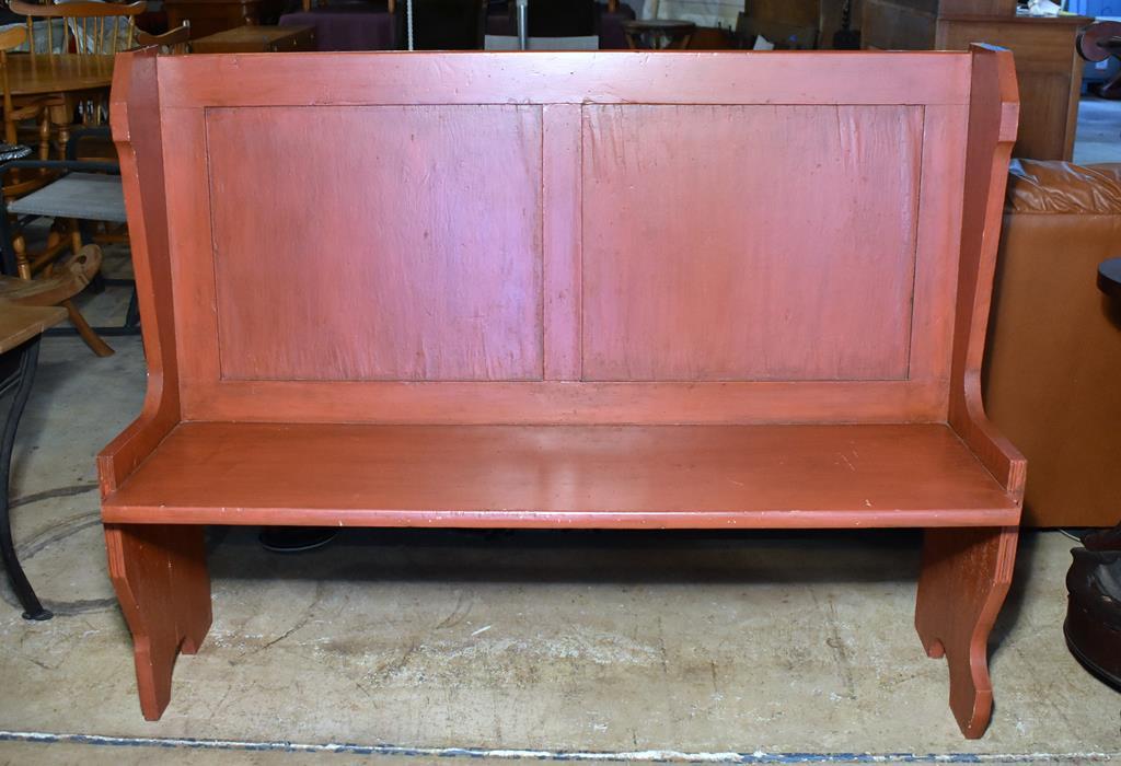 Old Red Painted Wooden High Back Bench or Chapel Pew