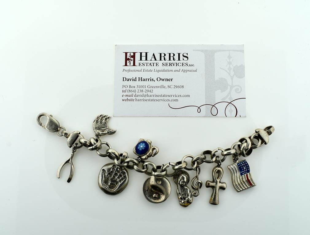 Heavy Sterling Silver Charm Bracelet with 9 Charms, 7.5”