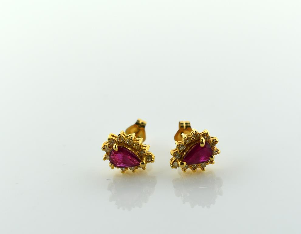 Pair of Teardrop Natural Ruby and Diamond 14K Yellow Gold Earrings