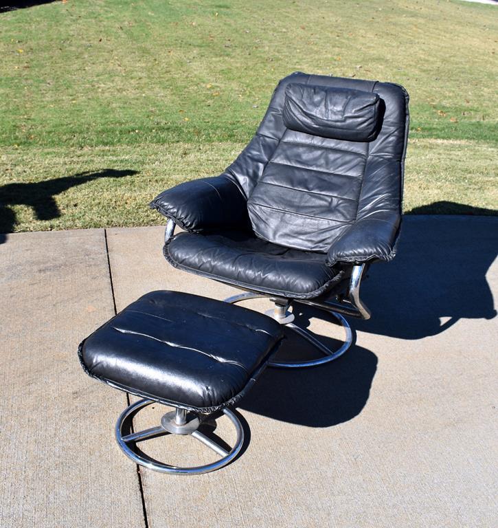 Modernist Black Leather Swivel Seat and Ottoman