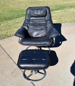 Modernist Black Leather Swivel Seat and Ottoman