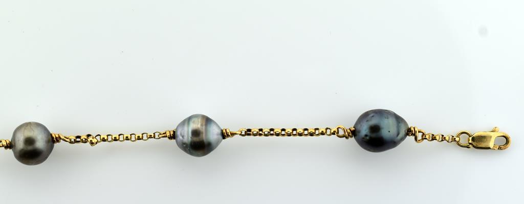 10K Yellow Gold and Tahitian Black Pearl Bracelet, 8”