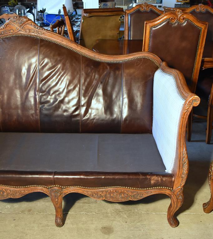 Handsome Carved Walnut & Leather Sofa with Three Pillows (Lots 3-5 Have Matching Plaid Upholstery)