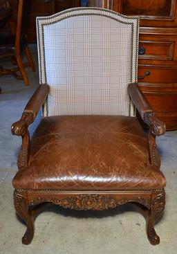 Attractive Carved Oak & Leather Armchair, Nailhead Trim (Lots 3-5 Have Matching Plaid Upholstery)