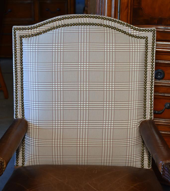 Attractive Carved Oak & Leather Armchair, Nailhead Trim (Lots 3-5 Have Matching Plaid Upholstery)