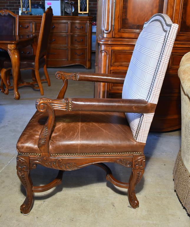 Attractive Carved Oak & Leather Armchair, Nailhead Trim (Lots 3-5 Have Matching Plaid Upholstery)