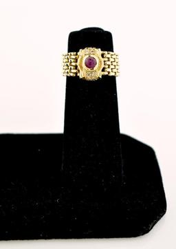 Unique Vintage 14K Yellow Gold, Ruby and Diamond Ring, Size 6.5