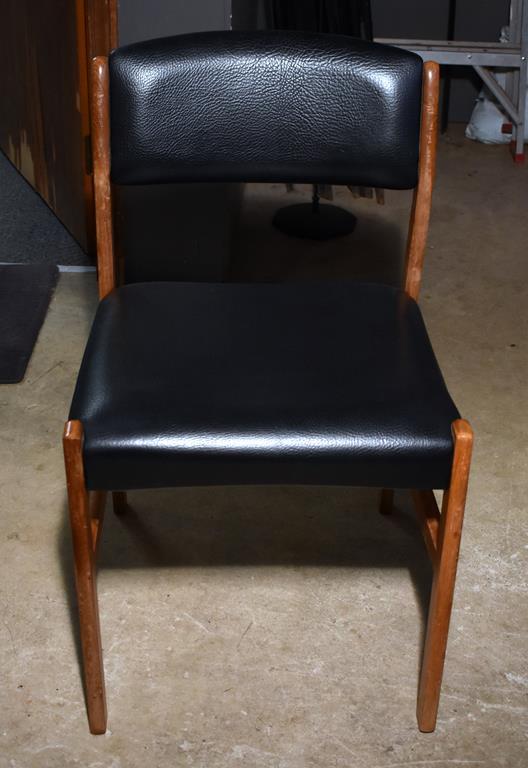 Set of 6 Vintage Mid-Century Modern Dining Chairs, Black Leather Seats & Backs