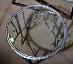 Charming Contemporary Metal & Glass Round Side Table, Branches Design