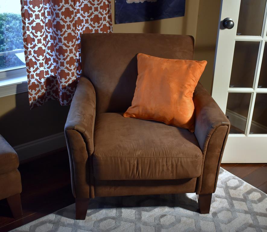 Coffee Brown Faux Suede Alison Furniture Armchair with Accent Pillow, Lots 16 & 17 Match