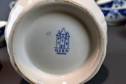 Beautiful Gien, France Porcelain Blue & White Tea China: 7 Cups & Saucers & Lidded Sugar