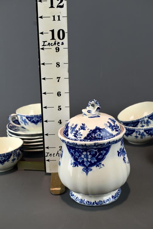 Beautiful Gien, France Porcelain Blue & White Tea China: 7 Cups & Saucers & Lidded Sugar