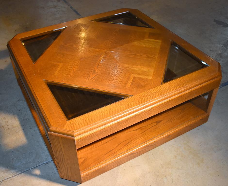 Oak Coffee Table w/ 4 Smoky Glass Inserts