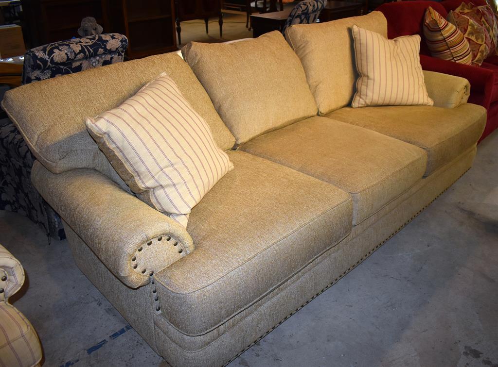 Neutral Haverty's Three Cushion Sofa w/ Nail-Heads & Two Throw Pillows