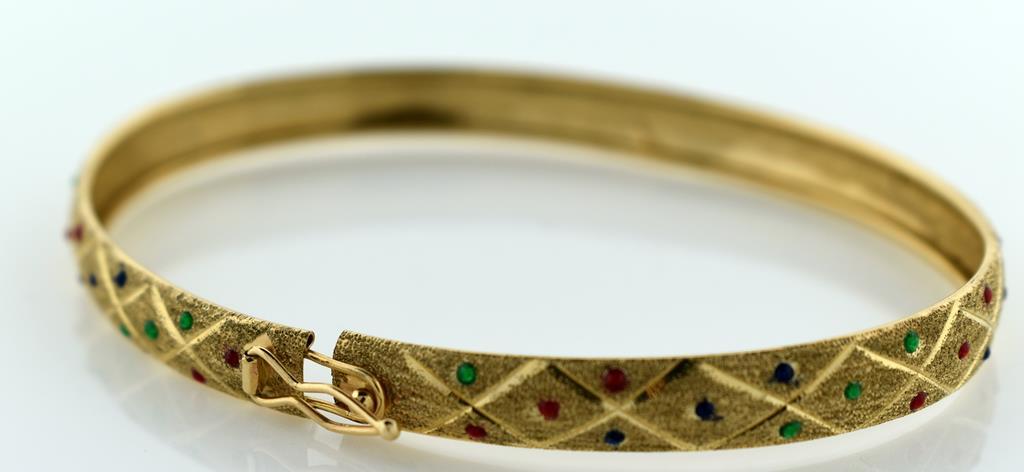 10K Yellow Gold Engraved Diamond Pattern Bracelet with Red, Blue & Green Tiny Stones