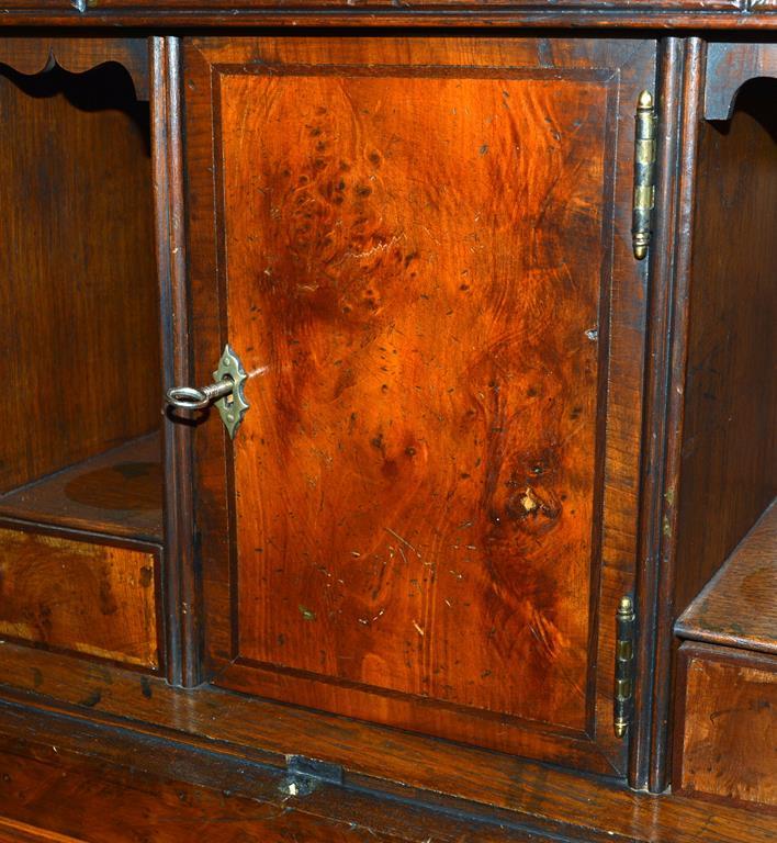 Antique George II Style Walnut & Burl Secretary, Double Bonnet Cornice, Paneled Doors, Bun Feet