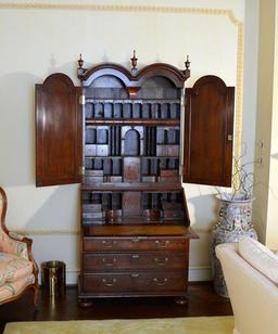 Antique George II Style Walnut & Burl Secretary, Double Bonnet Cornice, Paneled Doors, Bun Feet