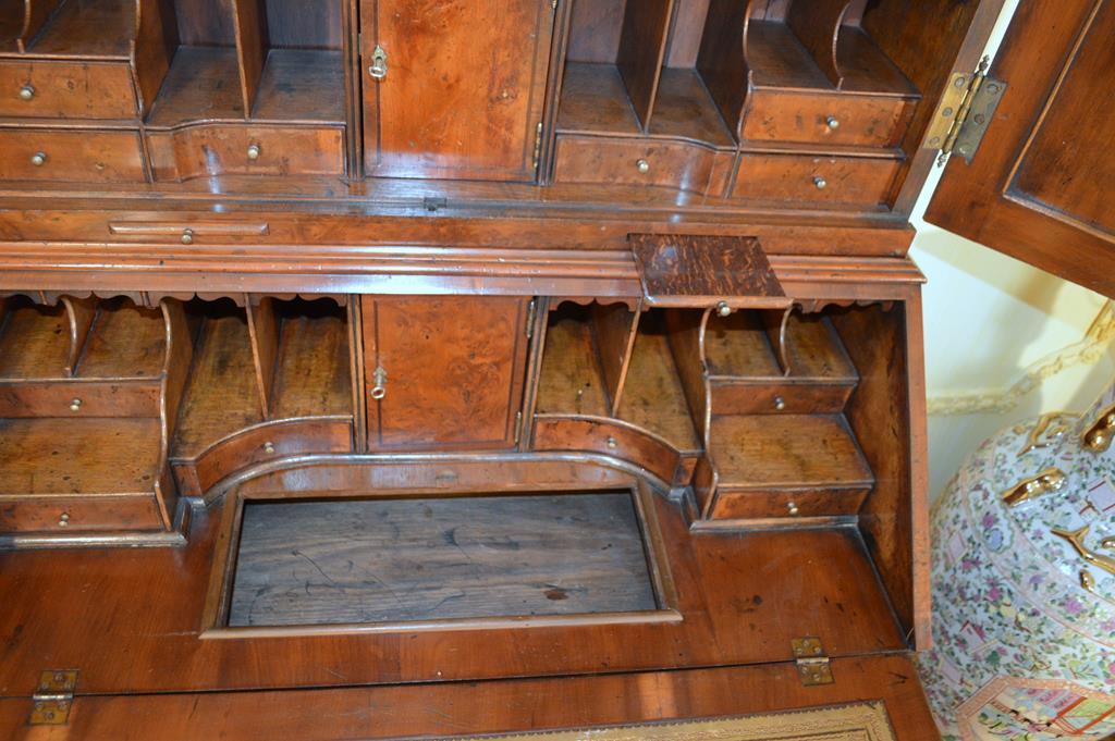 Antique George II Style Walnut & Burl Secretary, Double Bonnet Cornice, Paneled Doors, Bun Feet