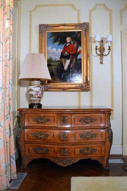 Antique Baroque Bombe Form Chest, Parquetry Inlaid, Bronze Mounted