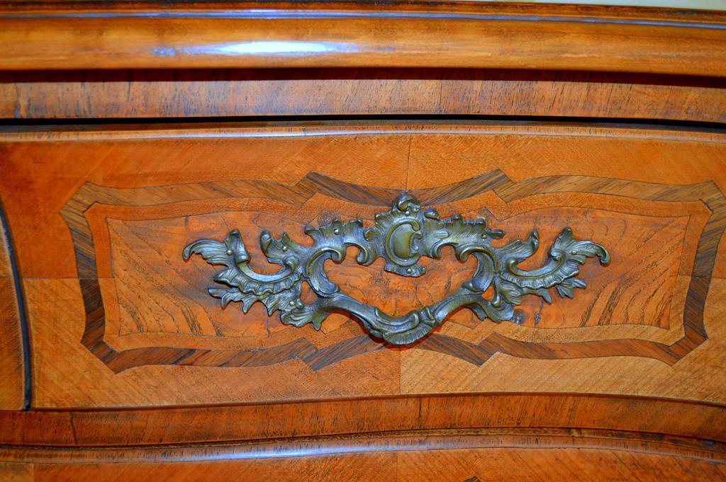 Antique Baroque Bombe Form Chest, Parquetry Inlaid, Bronze Mounted