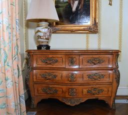 Antique Baroque Bombe Form Chest, Parquetry Inlaid, Bronze Mounted