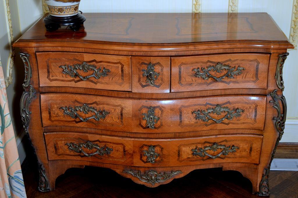 Antique Baroque Bombe Form Chest, Parquetry Inlaid, Bronze Mounted