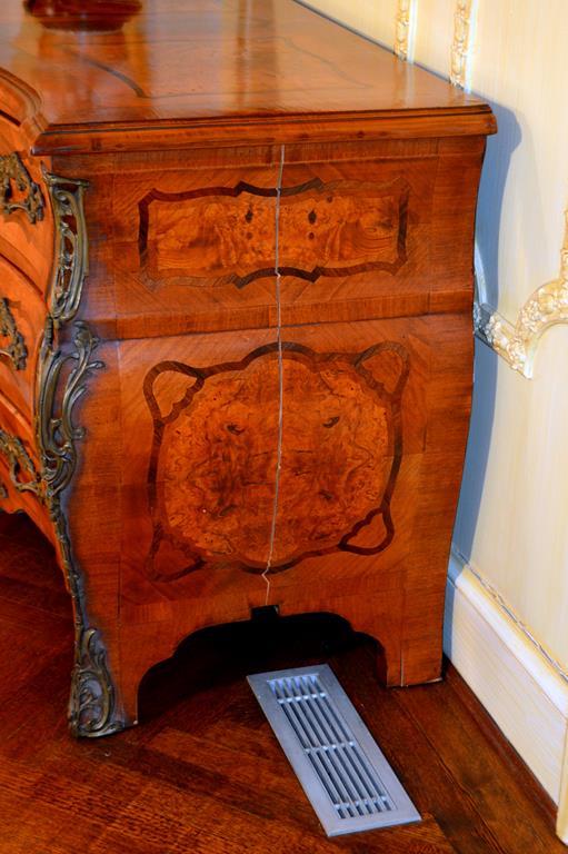 Antique Baroque Bombe Form Chest, Parquetry Inlaid, Bronze Mounted