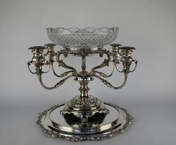 Silver Plate & Cut Crystal Epergne “Reproduction Sheffield Plate” & “Baroque” Wallace Mirrored Tray