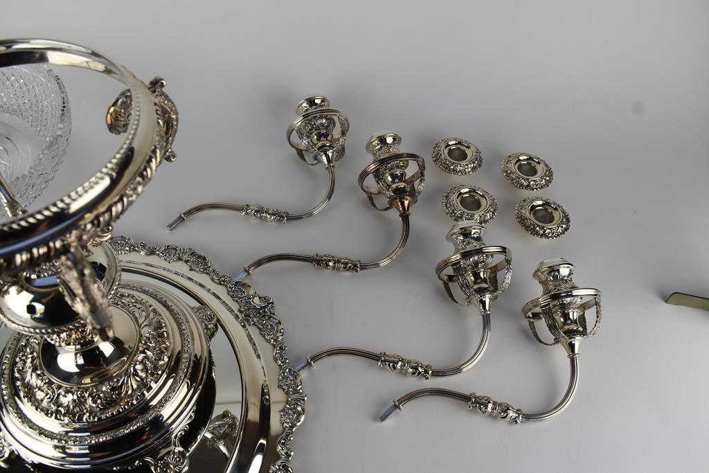 Silver Plate & Cut Crystal Epergne “Reproduction Sheffield Plate” & “Baroque” Wallace Mirrored Tray