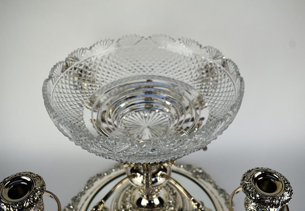 Silver Plate & Cut Crystal Epergne “Reproduction Sheffield Plate” & “Baroque” Wallace Mirrored Tray