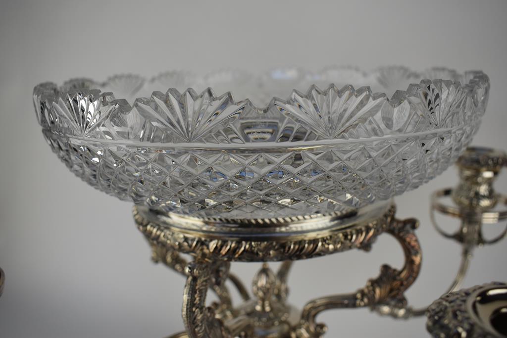 Silver Plate & Cut Crystal Epergne “Reproduction Sheffield Plate” & “Baroque” Wallace Mirrored Tray