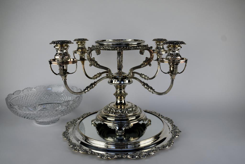 Silver Plate & Cut Crystal Epergne “Reproduction Sheffield Plate” & “Baroque” Wallace Mirrored Tray