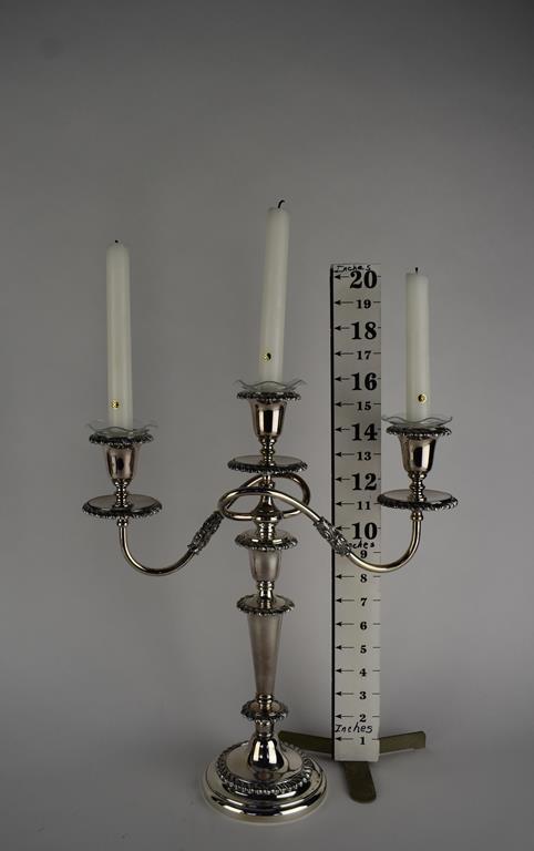 Pair of Handsome 15.5” Silver Plate Triple Candle Sticks