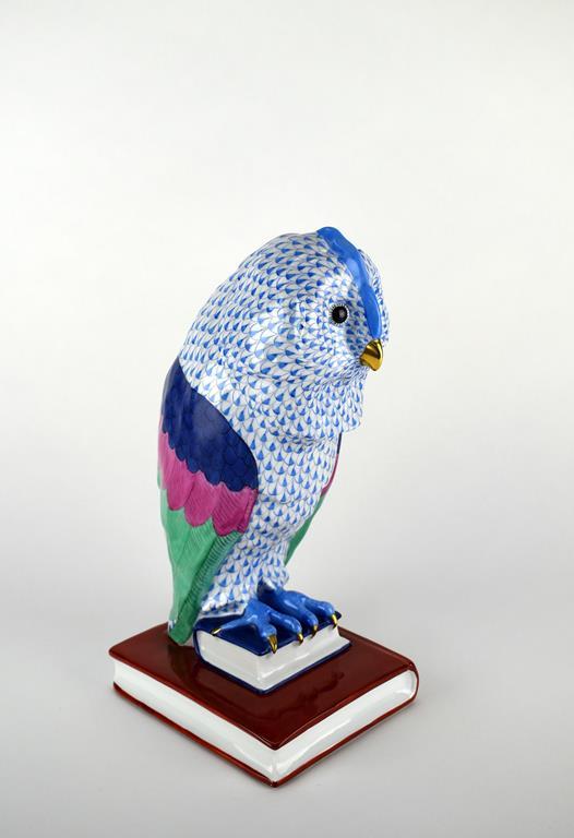 Herend 12” Blue Fishnet Owl Perched on Books Figurine