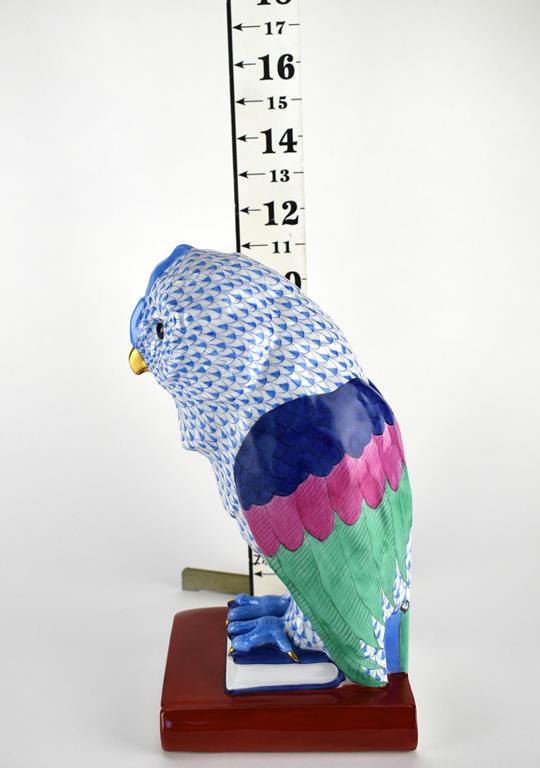 Herend 12” Blue Fishnet Owl Perched on Books Figurine