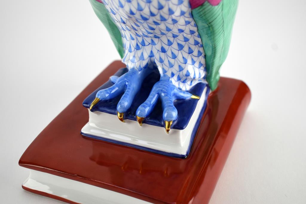 Herend 12” Blue Fishnet Owl Perched on Books Figurine