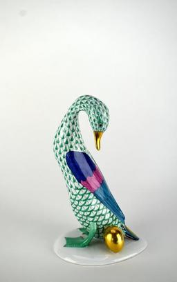 Herend 8” Green Fishnet Goose w/ Golden Egg