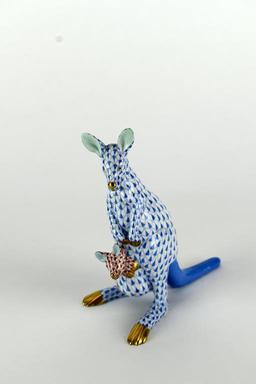 Herend 6” Blue Fishnet Kangaroo w/ Joey Figurine