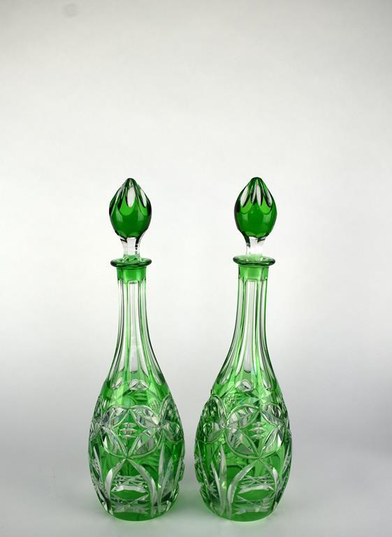 Handsome Vintage Pair of 15.5” Green Cut Glass Bottles w/ Stoppers