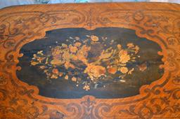 Antique 19th Century Baroque Style Marquetry Inlaid Cartouche Form Oak Side Table, Bronze Mounted