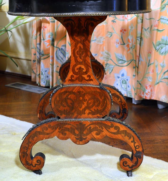 Antique 19th Century Baroque Style Marquetry Inlaid Cartouche Form Oak Side Table, Bronze Mounted