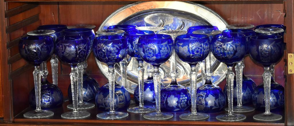 Vintage 8.5” Blue Cased Cut Glass Stemware, 22 Pieces