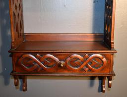 Elegant Carved & Pierced Mahogany Accent Shelf with Drawer