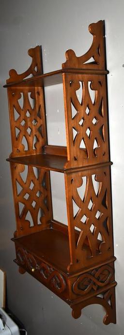 Elegant Carved & Pierced Mahogany Accent Shelf with Drawer