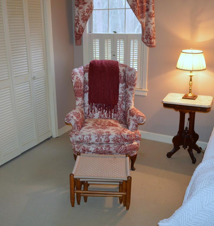 Beautiful Queen Anne Style Wing Chair in Red Toile /w Hand Made Crimson Afghan & Extra Upholstery